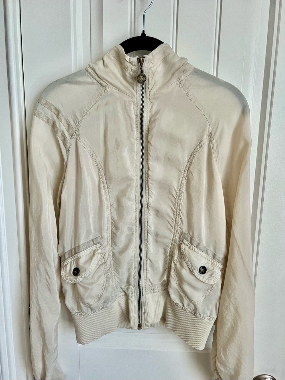 Converse Vintage Women's Satin Cream Zip-Front Bomber Jacket